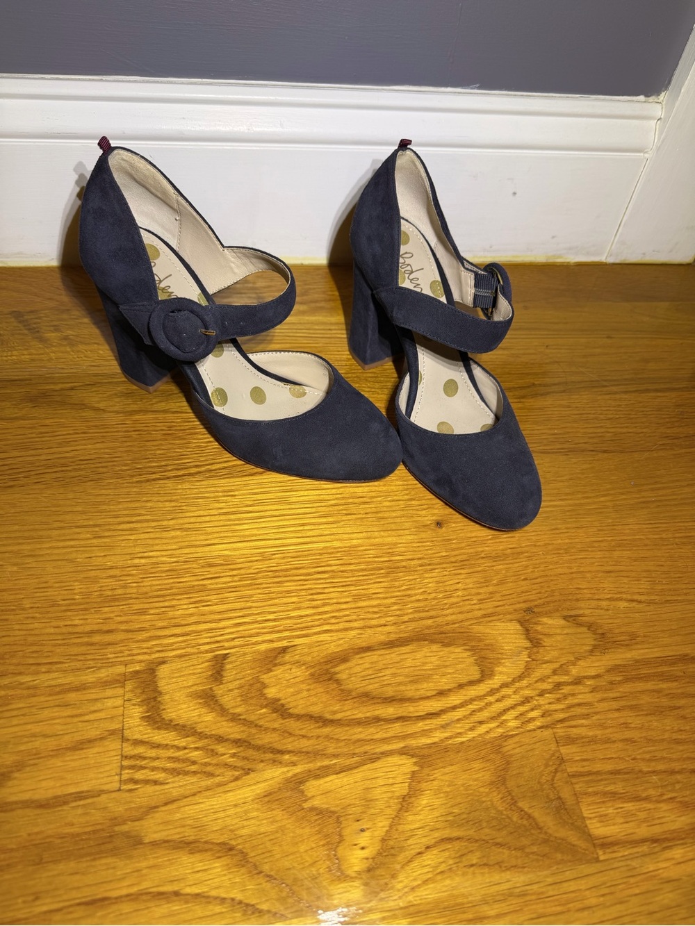 Boden Navy Suede Mary Jane Block Heels with Round Buckle